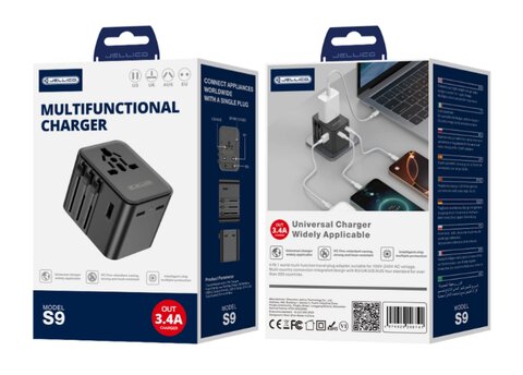 Uniwersalny adapter podróżny JELLICO S9 PD 2xUSB-C + 1xUSB 3.4A Max 2500W Czarny
