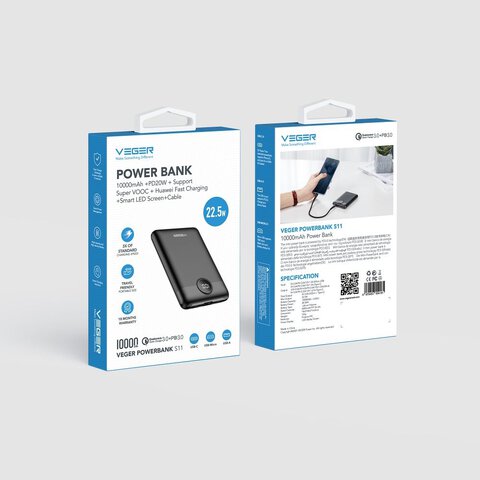 VEGER powerbank 10 000 mAh PD QC3.0 2A 22,5W S11 (W1140) czarny