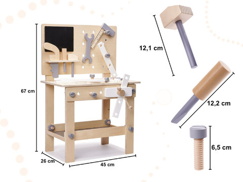 Drewniany warsztat ze stolikiem i narzędziami dla dzieci 