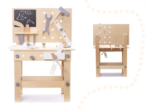 Drewniany warsztat ze stolikiem i narzędziami dla dzieci 