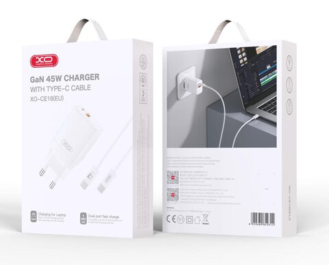 XO ładowarka sieciowa CE16 PD 45W 1x USB-C 1x USB biała + kabel USB-C - USB-C XO ładowarka sieciowa CE16 PD 45W 1x USB-C 1x USB biała + kabel USB-C - USB-C