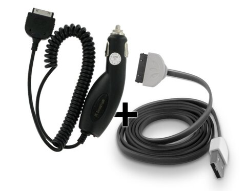 Zestaw 2w1 ładowarka samochodowa + silikonowy kabel USB do iPhone iPad iPod 30pin czarny