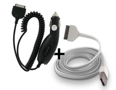 Zestaw 2w1 ładowarka samochodowa + silikonowy kabel USB do iPhone iPad iPod 30pin biały