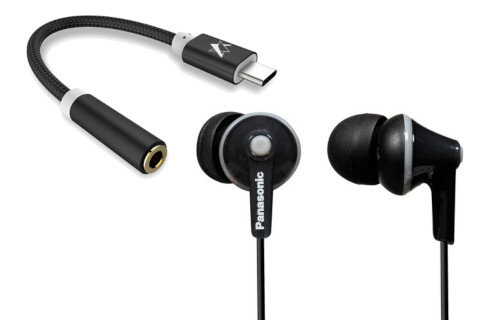 Zestaw słuchawki dokanałowe Panasonic ERGOFIT RP-HJE125E-K czarne + adapter Skystars AUX mini jack - USB-C