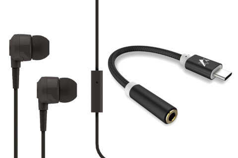Zestaw słuchawki douszne TTEC J10 z mikrofonem czarne + adapter Skystars AUX mini jack - USB-C