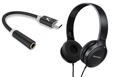 Zestaw słuchawki składane Panasonic RP-HF100-K czarne + adapter Skystars AUX mini jack - USB-C